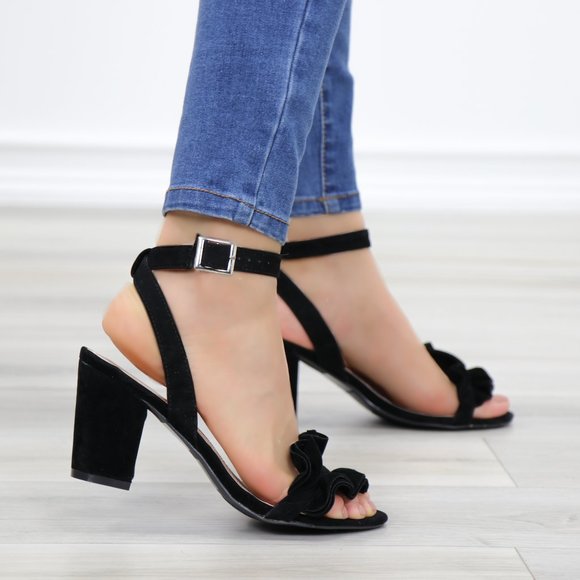 Suede Black Chunky Heel Open Ruffle Toe Sandal - Picture 4 of 10